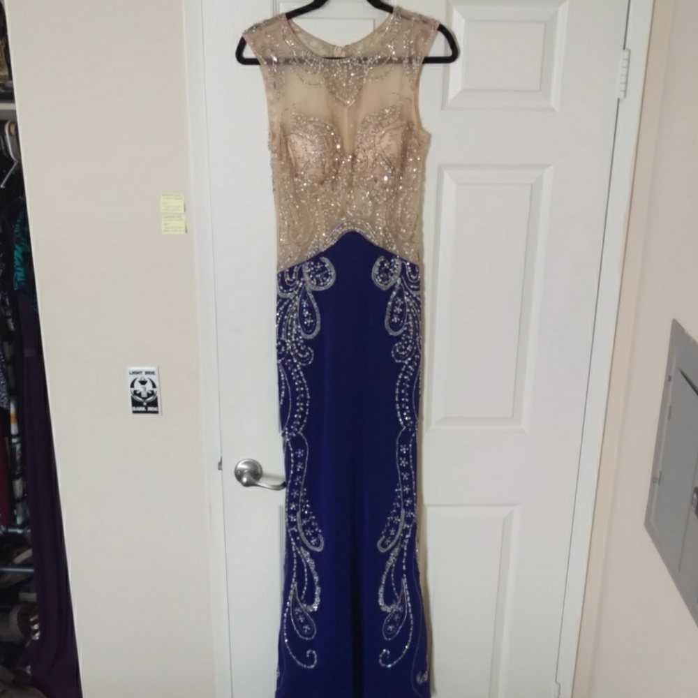 Rhinestone Nude/Sheer and Blue Long Dress